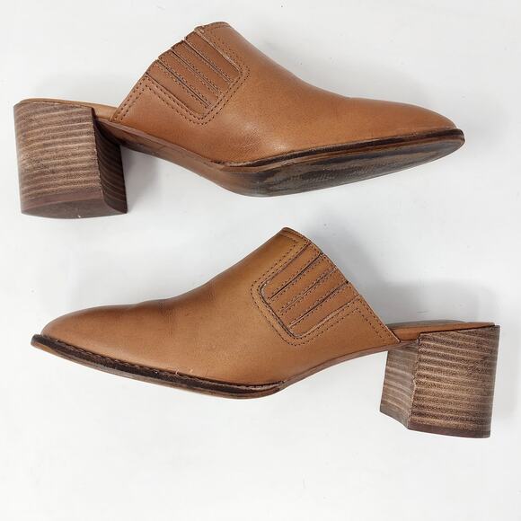 Madewell Mules Women 10 Carey Cognac Brown Leather Slip On Stacked Heel AH759 - Picture 6 of 11